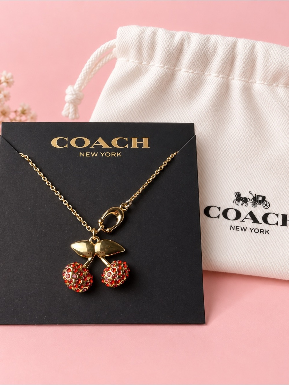 Coach Gold Cherry Necklace with Red Crystal Charms